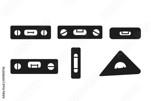 Set of six black bubble level silhouettes on white background, vector cartoon illustration with transparent background, ordered set of construction and measuring tools for precision work