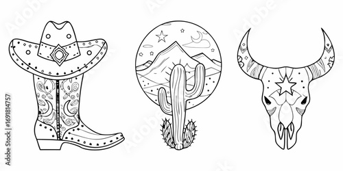 Western cowboy boot cactus and bull skull line art with celestial desert landscape circle illustration