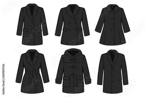 Set of six stylish black coat silhouettes, various coat designs and styles, vector cartoon illustration, fashion outerwear collection, transparent background