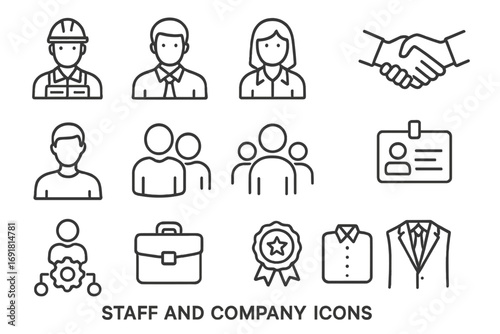 Business staff and company line icon set. Vector collection of corporate symbols like human resources, team, worker, management, office signs. Editable stroke pictograms.