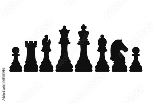 Silhouette chess pieces set on white background, strategic game design, vector cartoon illustration with transparent background, ordered chess figure icons for game concept