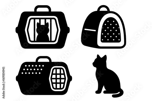 Silhouette cat carrier icons set, pet travel essentials symbols in bold design, vector cartoon illustration with transparent background, portable cat crate and kennel shapes