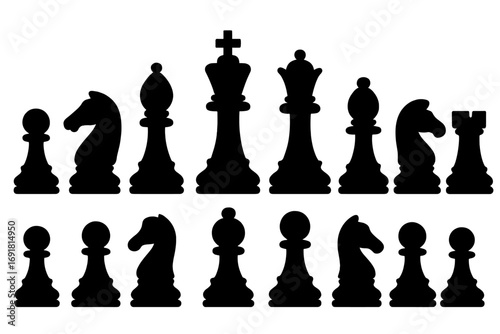 Silhouette chess pieces set on white background for strategic games and design, vector cartoon illustration, transparent background, ordered full chess set icons