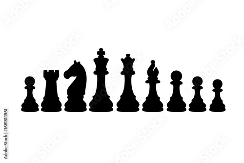 Silhouette chess pieces set on white background for strategic games and design. Vector cartoon illustration with transparent background, ordered set for chess tactics and strategy play