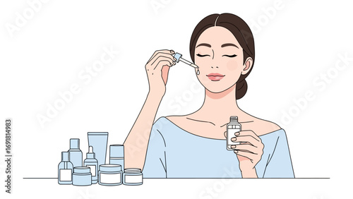 Young woman applying facial serum with dropper to her skin surrounded by various skincare products and bottles for beauty routine and self care