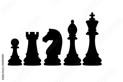 Silhouette chess pieces set on white background, strategic game icons, vector cartoon illustration, transparent background, ordered chess figures design, pawn rook knight bishop king