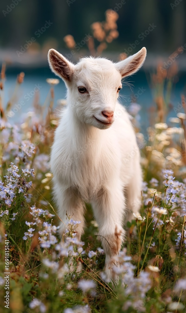 Obraz premium A cute fluffy white baby goat stands in a sunlit meadow surrounded by delicate purple wildflowers embodying natural innocence
