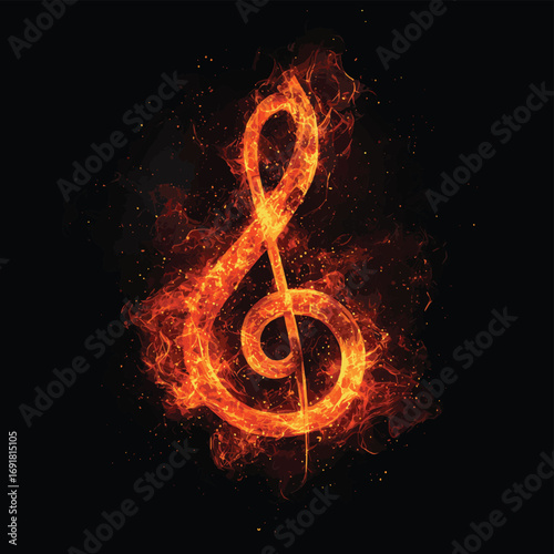 Fiery Treble Clef Design on Black , vector style simple color