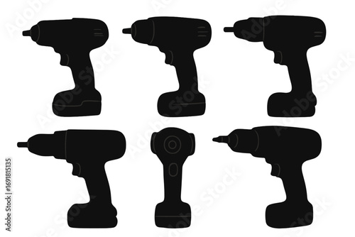 Silhouette vector collection of cordless drill tool icons in various angles, black power drill shapes, construction and DIY equipment set, transparent background, minimalist design