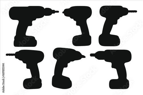 Silhouette collection of cordless drill tool icons in various angles, black vector illustration set with transparent background, power drill silhouette toolkit for construction and DIY projects