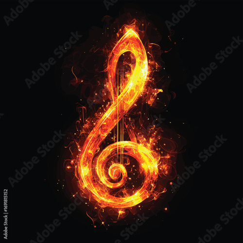 Fiery Treble Clef Design on Black , vector style simple color