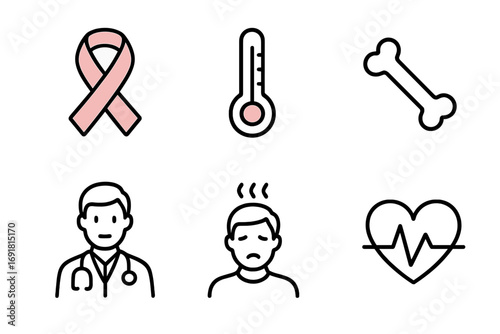 Medical and healthcare icon set. Simple linear illustration of doctor, patient, cancer ribbon, thermometer, bone, and heart cardiogram. Vector symbols for health concepts.
