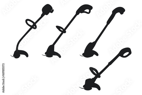 Silhouette collection of grass trimmers and weed eaters in various designs for landscaping, garden care, lawn maintenance equipment, vector cartoon illustration set with transparent background