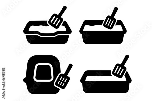 Silhouette icons of cat litter boxes with scoops, vector cartoon illustration for pet care, feline hygiene, cat accessories, transparent background, ordered set design