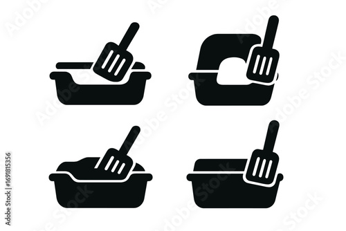 Silhouette icons of cat litter boxes with scoops set, pet care designs, vector cartoon illustration, clean pet hygiene, transparent background, cat supplies collection, animal accessory