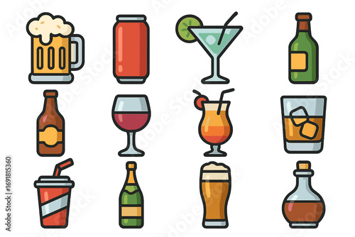 Drink and beverage icon set. Vector cartoon icons for bar menu, party. Alcohol, soft drinks. Beer mug, wine glass, cocktail, whiskey on rocks, soda can, bottle, champagne.