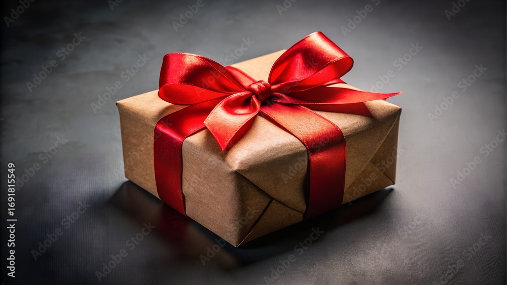 Obraz premium Gift box with red ribbon on dark textured surface