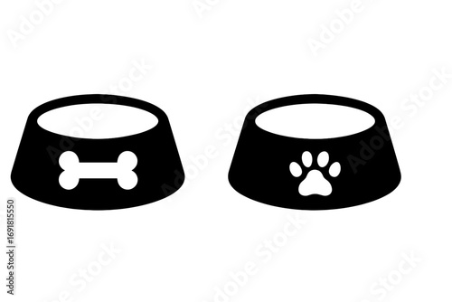 Silhouette pet bowls with dog bone and cat paw icons, pet feeding bowls vector set, cartoon style animal dishes, black and white pet food bowl illustration, transparent background