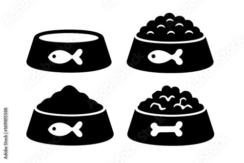 Silhouette pet bowls set with various food portions for cats and dogs, vector cartoon illustration, fish and bone icons, dry and wet food, animal feeding bowls, transparent background