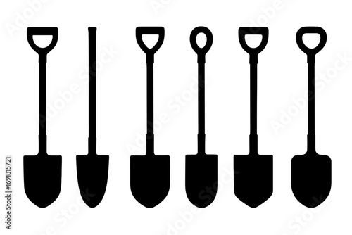 Silhouette set of six distinct shovel designs for gardening and construction, vector cartoon illustration with transparent background, various digging tools, garden spades collection
