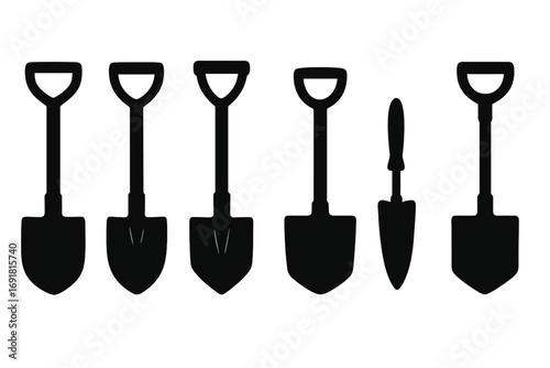 Silhouette set of six distinct shovel designs for gardening and construction, vector cartoon illustration with transparent background, ordered gardening tools set for landscaping and building use
