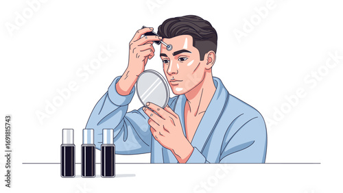 Young man applying facial serum with dropper to forehead while holding mirror wearing blue robe with skincare bottles nearby