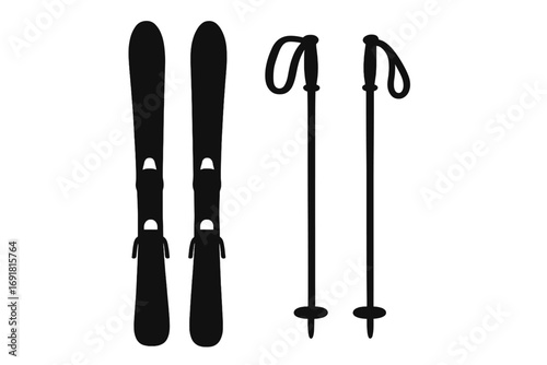 Silhouette set of ski equipment with skis and poles, winter sports gear collection, vector cartoon illustration, transparent background, ordered skiing tools kit