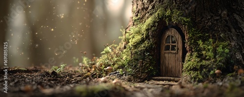 A miniature wooden door nestled within a moss covered tree trunk in an enchanted forest with glowing dust motes