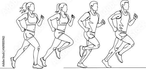 Continuous Line Drawing of Four Runners on White Background