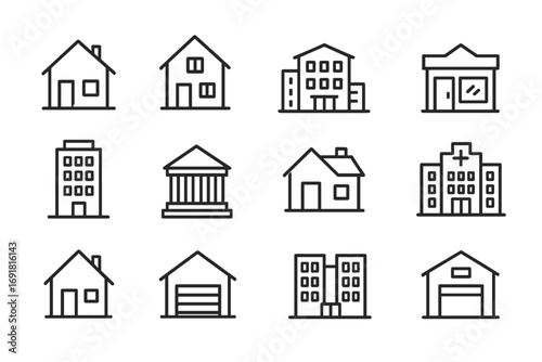 Modern line icon pack of various houses and constructions, including apartment buildings, banks, stores, garages, hospitals, and residential homes for design, websites, apps, and cards