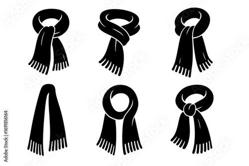 Set of six black silhouette scarf designs with fringe on white background, vector cartoon style illustration, diverse winter scarf styles, fashion accessory collection