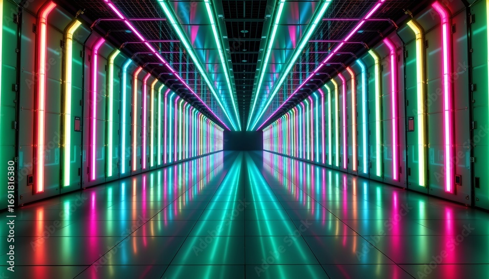Fototapeta premium Futuristic Neon Corridor with Reflective Tiles and Symmetry