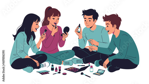Group of diverse young friends sitting together applying makeup and sharing beauty products in a casual indoor setting
