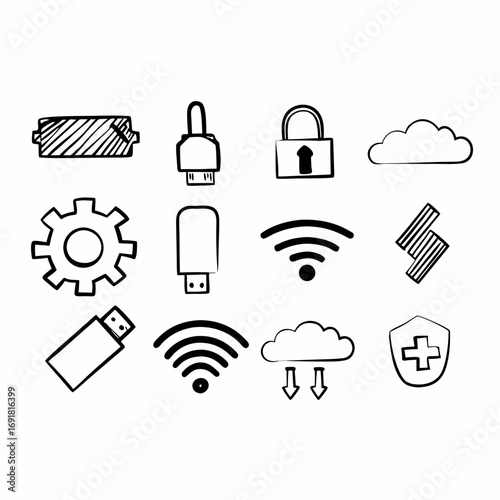 Hand drawn technology icons set featuring battery usb wifi cloud settings and security symbols for digital use | editable svg/svg