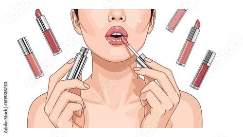 Close up of a woman applying liquid lipstick with multiple tubes surrounding her face in a vibrant makeup application concept