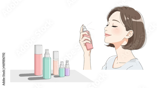 Young woman with eyes closed gently spraying perfume onto her wrist from a stylish bottle surrounded by various cosmetic bottles on a white background