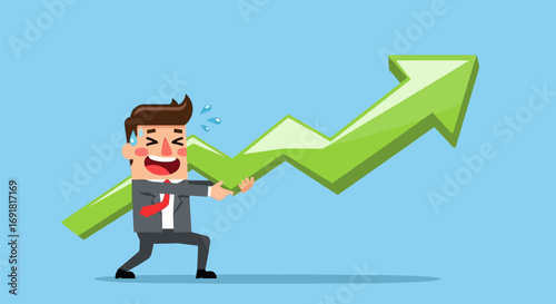 Cartoon Businessman Struggling to Hold Upward Green Arrow