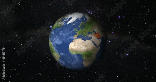 Iran map highlighted with border, zooming in from the space. Beautiful view of the Globe from Orbit Satellite.