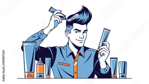 Stylish man with a dramatic pompadour hairstyle using hair styling products and electric clippers for a sharp modern look