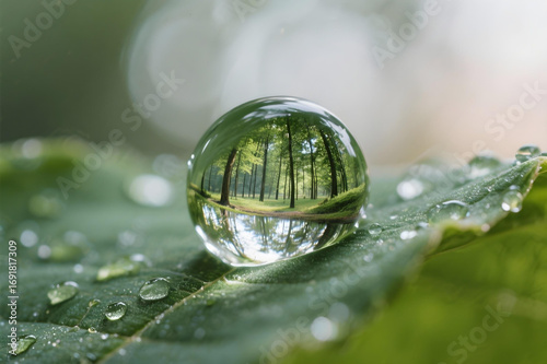 Macro shot of a single dewdrop on a green leaf, reflecting a forest scene, symbolizing natures delicate beauty and waters purity