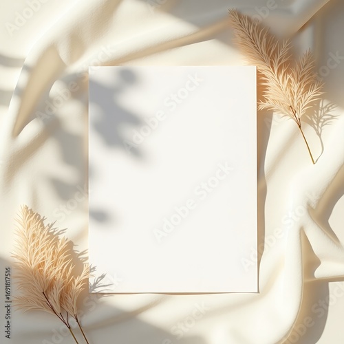 Invitation card mockup blank paper sheet with pampas grass on a silky fabric with shadows creating an elegant composition