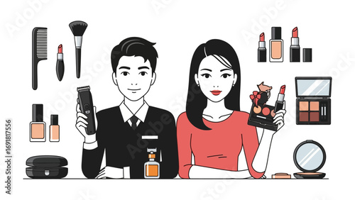 Young man and woman professional makeup artists holding beauty tools and cosmetics illustrating the art of cosmetic application and personal grooming