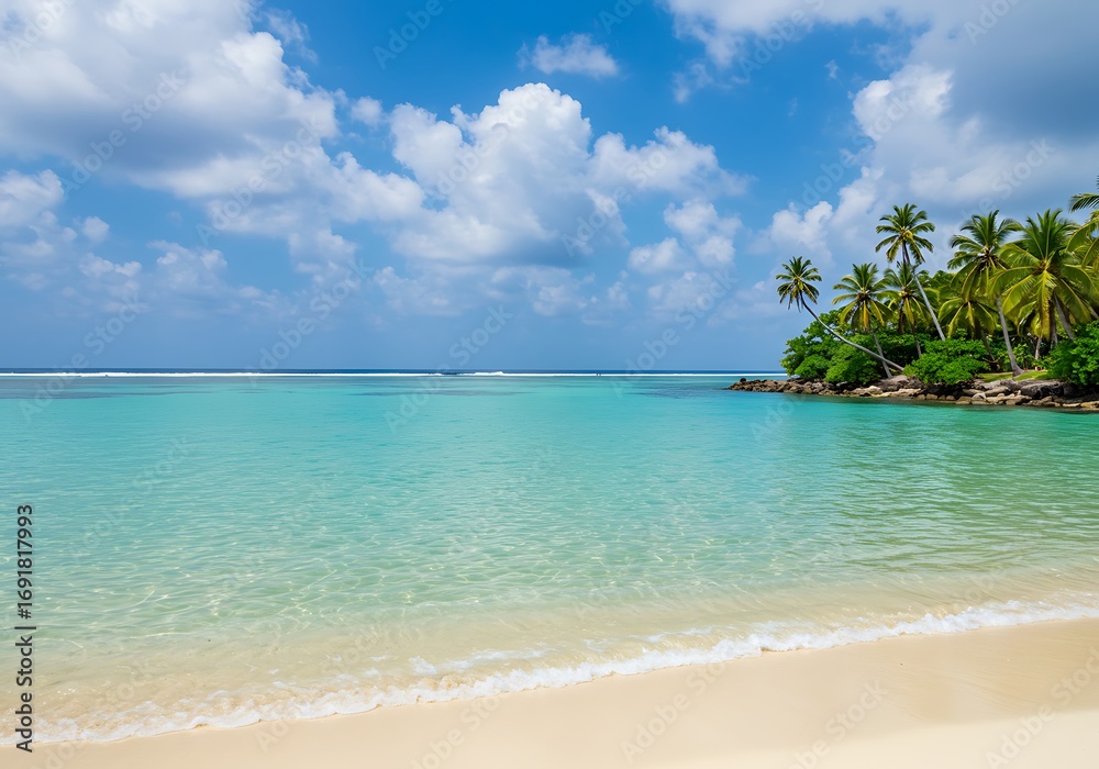 Fototapeta premium A classic tropical beach scene featuring white sand, turquoise water, and palm trees under a blue sky with clouds