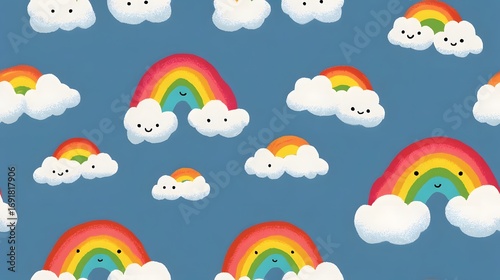 Cute cartoon rainbows with smiling clouds scattered across a blue background