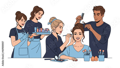 Diverse group of people working together in a beauty salon applying makeup and styling hair for a client in a collaborative and professional environment