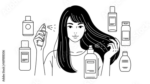 Stylized black and white illustration of a woman with long dark hair surrounded by various hair care product bottles and sprays