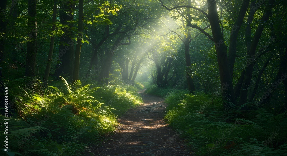 Obraz premium Sunlight path through lush forest