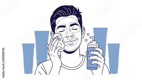Young man with eyes closed gently washing his face with a cleansing foam dispenser and a soft cloth in a clean bathroom setting