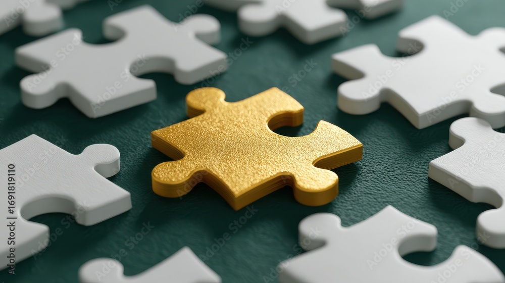 Fototapeta premium Ultra quality image of golden puzzle piece stands out against white pieces on a dark green surface, symbolizing uniqueness, leadership, and strategic advantage in business.