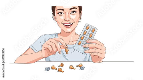 Young smiling woman holding a blister pack of pills and taking one out with her fingers representing health and wellness